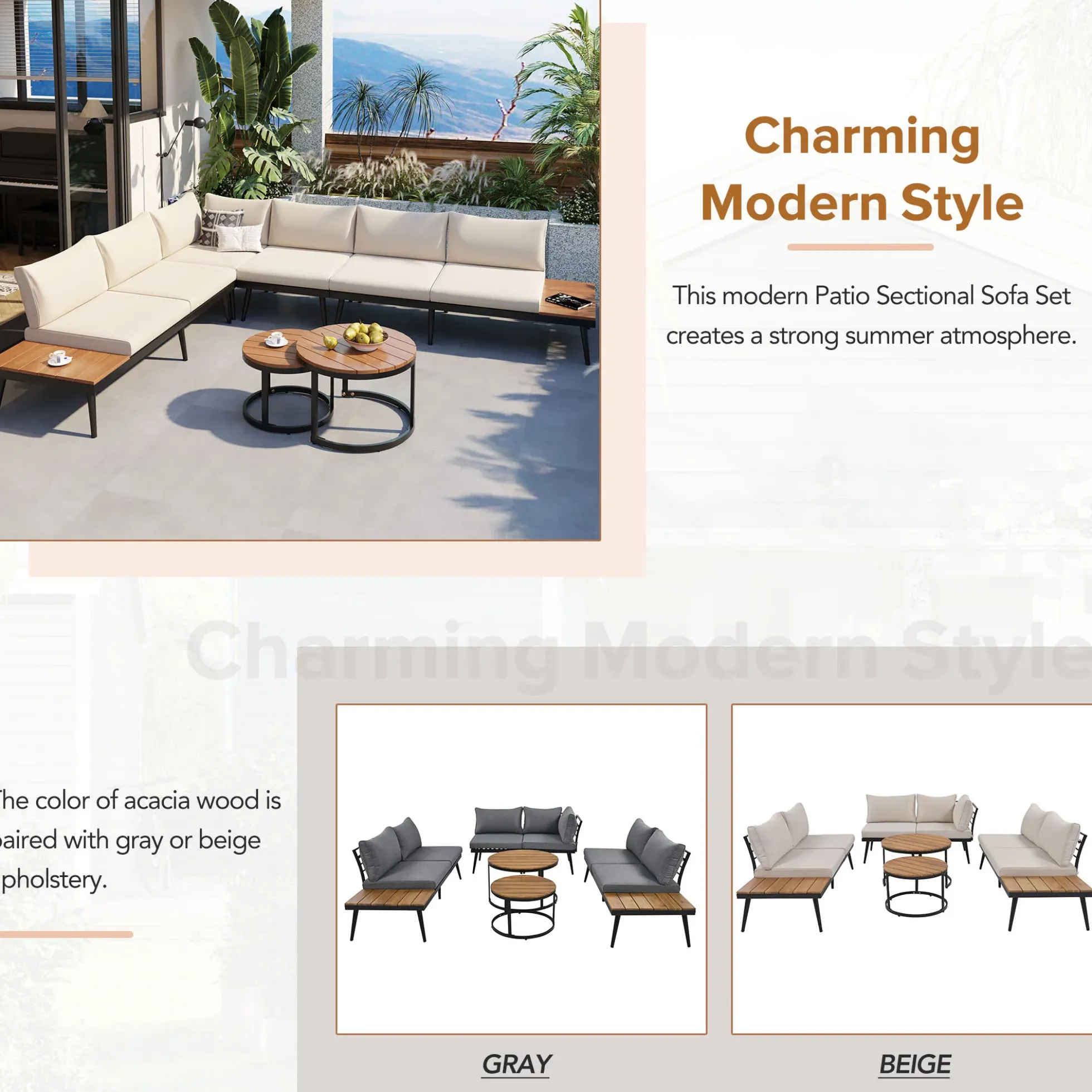 Walker Edison | 6-Piece Outdoor Sectional Sofa Set with Nesting Coffee Tables Beige