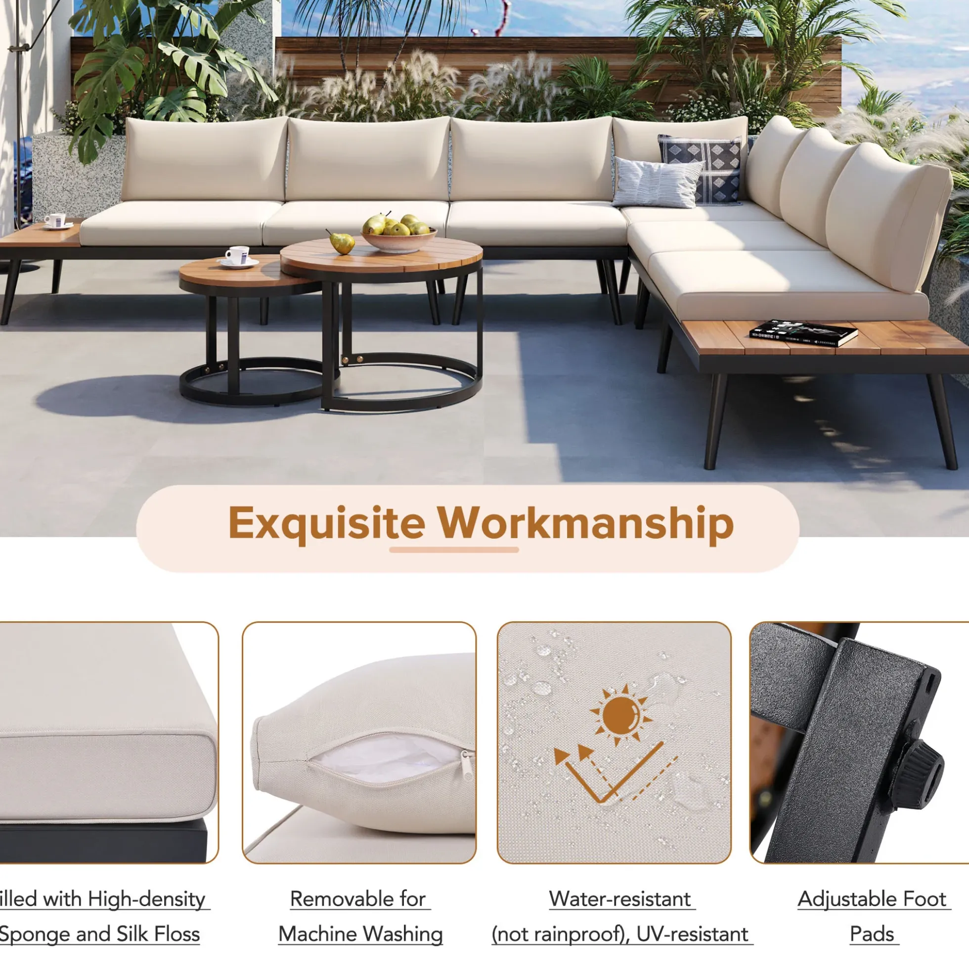 Walker Edison | 6-Piece Outdoor Sectional Sofa Set with Nesting Coffee Tables Beige