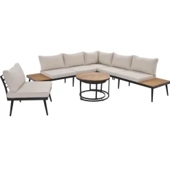 Walker Edison | 6-Piece Outdoor Sectional Sofa Set with Nesting Coffee Tables Beige