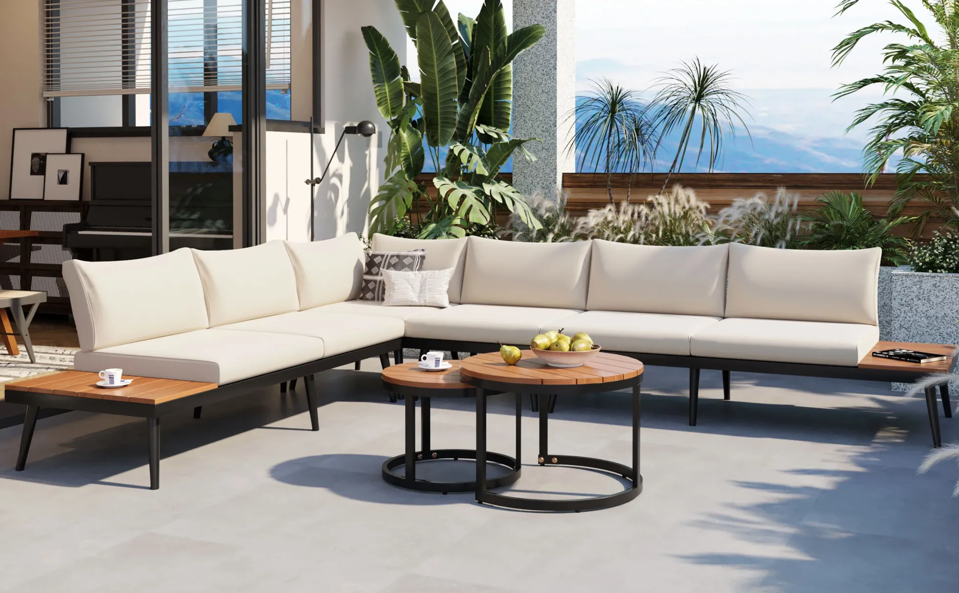 Walker Edison | 6-Piece Outdoor Sectional Sofa Set with Nesting Coffee Tables Beige