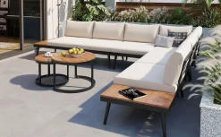 Walker Edison | 6-Piece Outdoor Sectional Sofa Set with Nesting Coffee Tables Beige