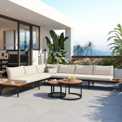 Walker Edison | 6-Piece Outdoor Sectional Sofa Set with Nesting Coffee Tables Beige