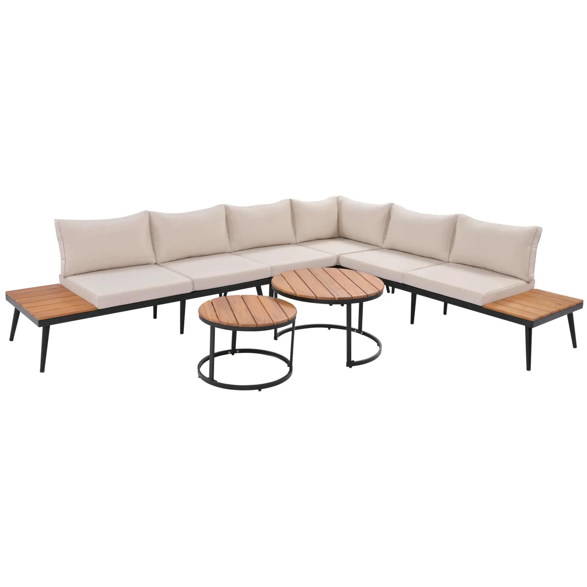 Walker Edison | 6-Piece Outdoor Sectional Sofa Set with Nesting Coffee Tables Beige