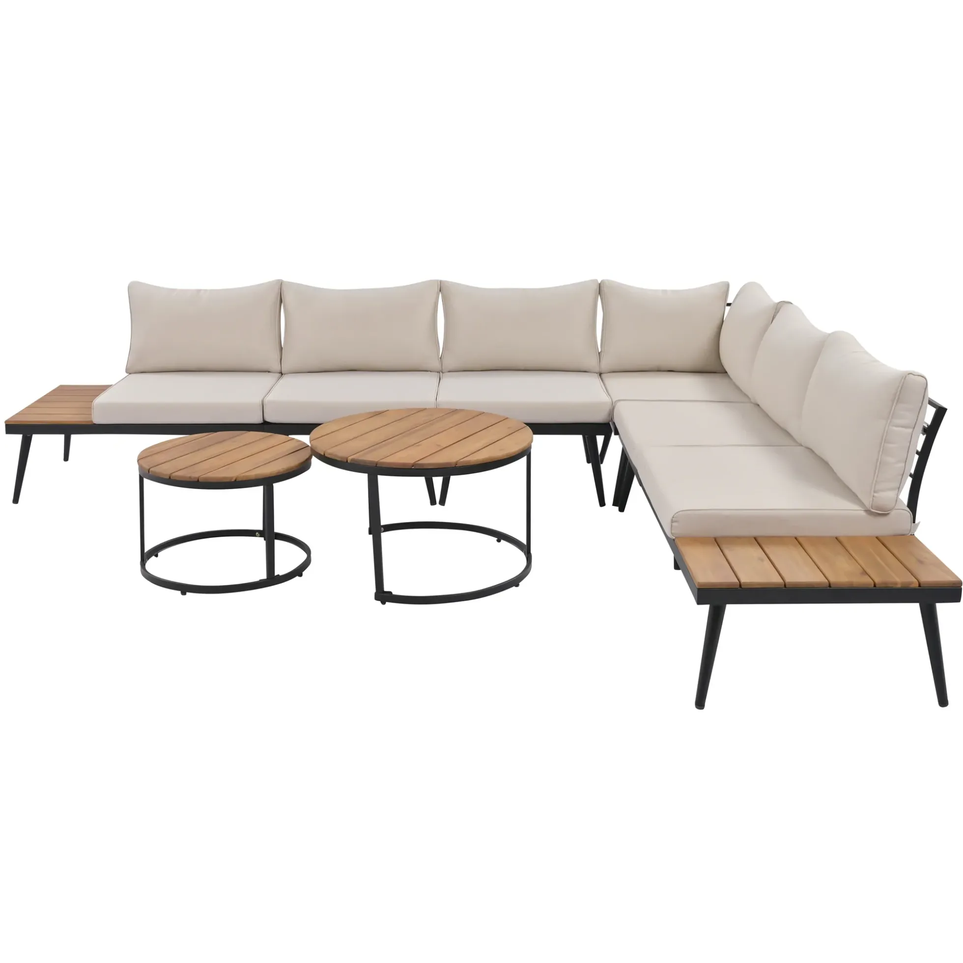 Walker Edison | 6-Piece Outdoor Sectional Sofa Set with Nesting Coffee Tables Beige