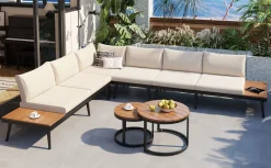 Walker Edison | 6-Piece Outdoor Sectional Sofa Set with Nesting Coffee Tables Beige