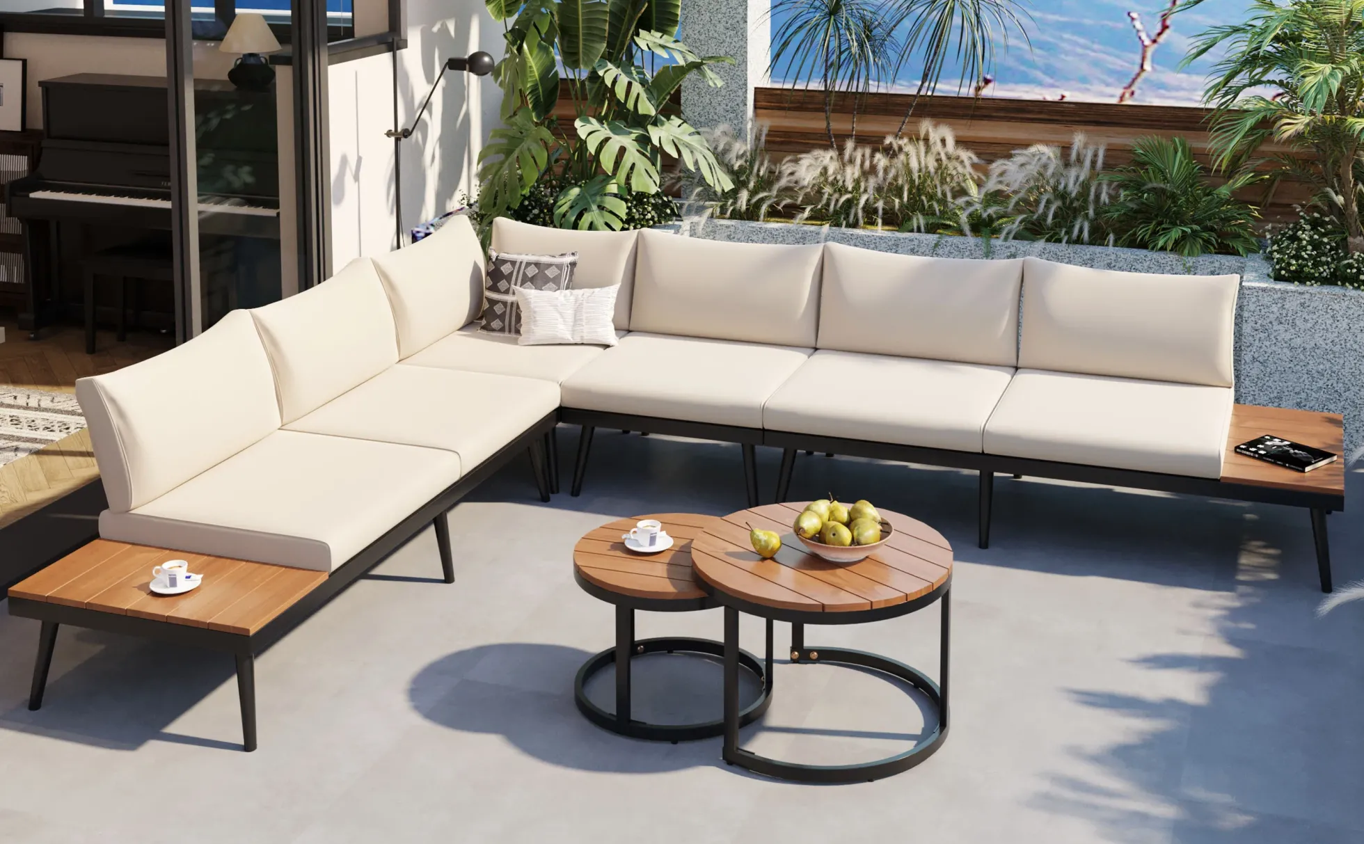 Walker Edison | 6-Piece Outdoor Sectional Sofa Set with Nesting Coffee Tables Beige