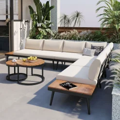 Walker Edison | 6-Piece Outdoor Sectional Sofa Set with Nesting Coffee Tables Beige