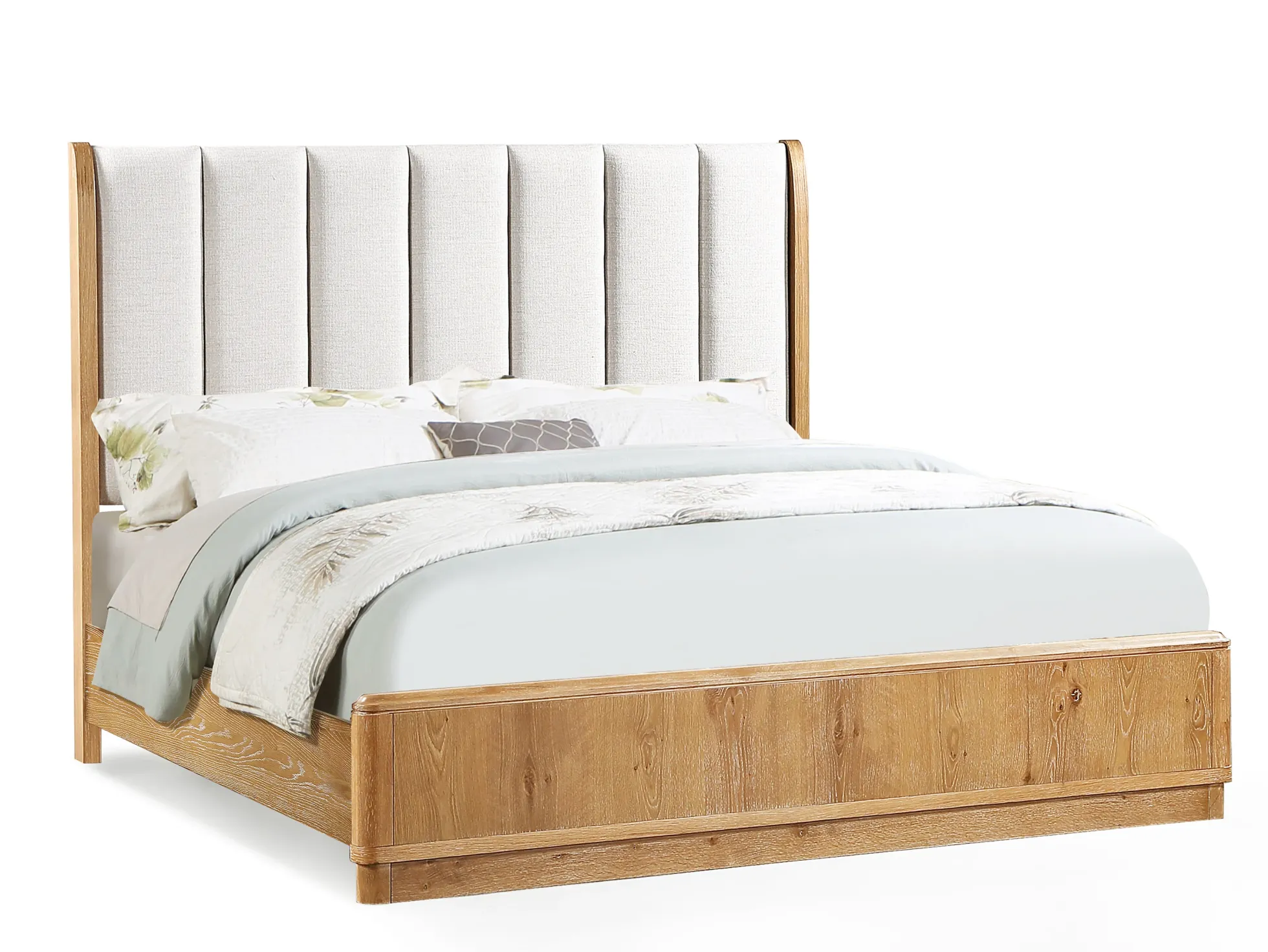 Walker Edison | Queen Upholstered Headboard with Rich Natural Wood Finish Platform