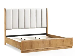 Walker Edison | Queen Upholstered Headboard with Rich Natural Wood Finish Platform