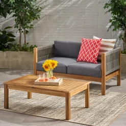 Walker Edison | Rope Design Outdoor Teak Loveseat Set