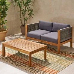 Walker Edison | Rope Design Outdoor Teak Loveseat Set