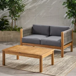 Walker Edison | Rope Design Outdoor Teak Loveseat Set