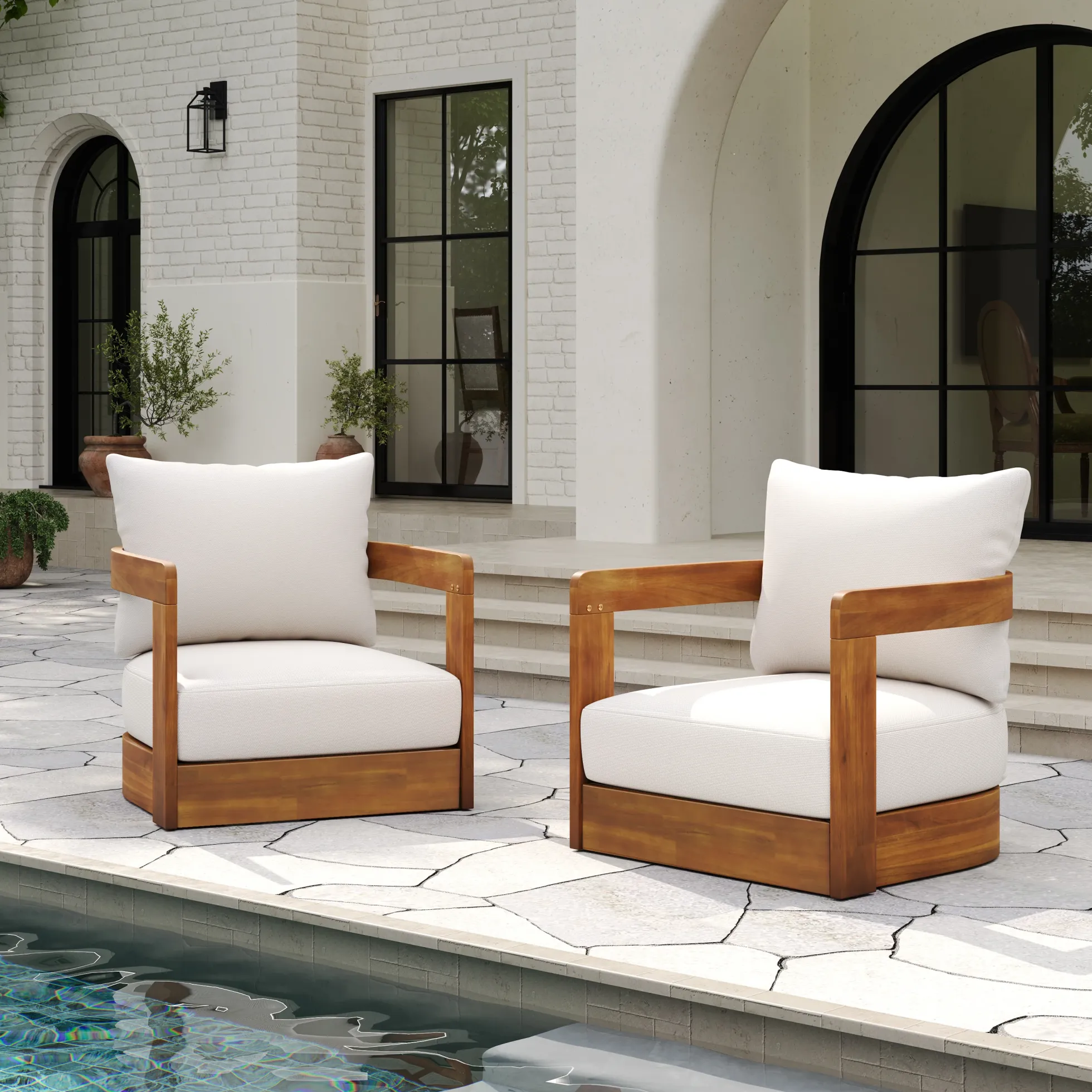 Walker Edison | Set of 2 Premium Acacia Wood Curve Design Outdoor Club Chairs