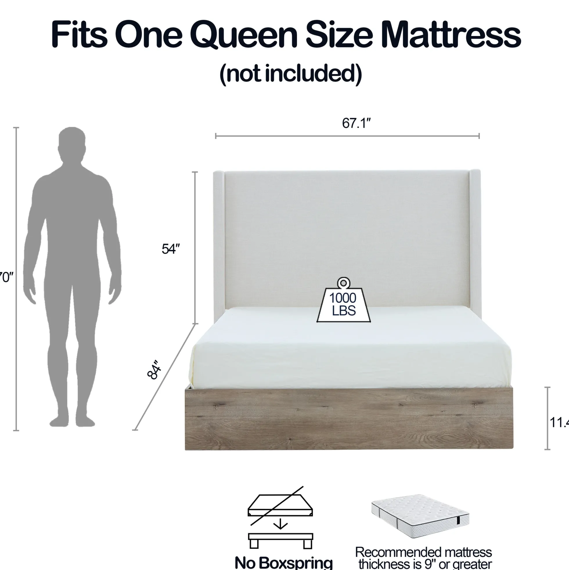 Walker Edison | Shelton 54' Queen Upholstered Wingback Bed and Wood Base