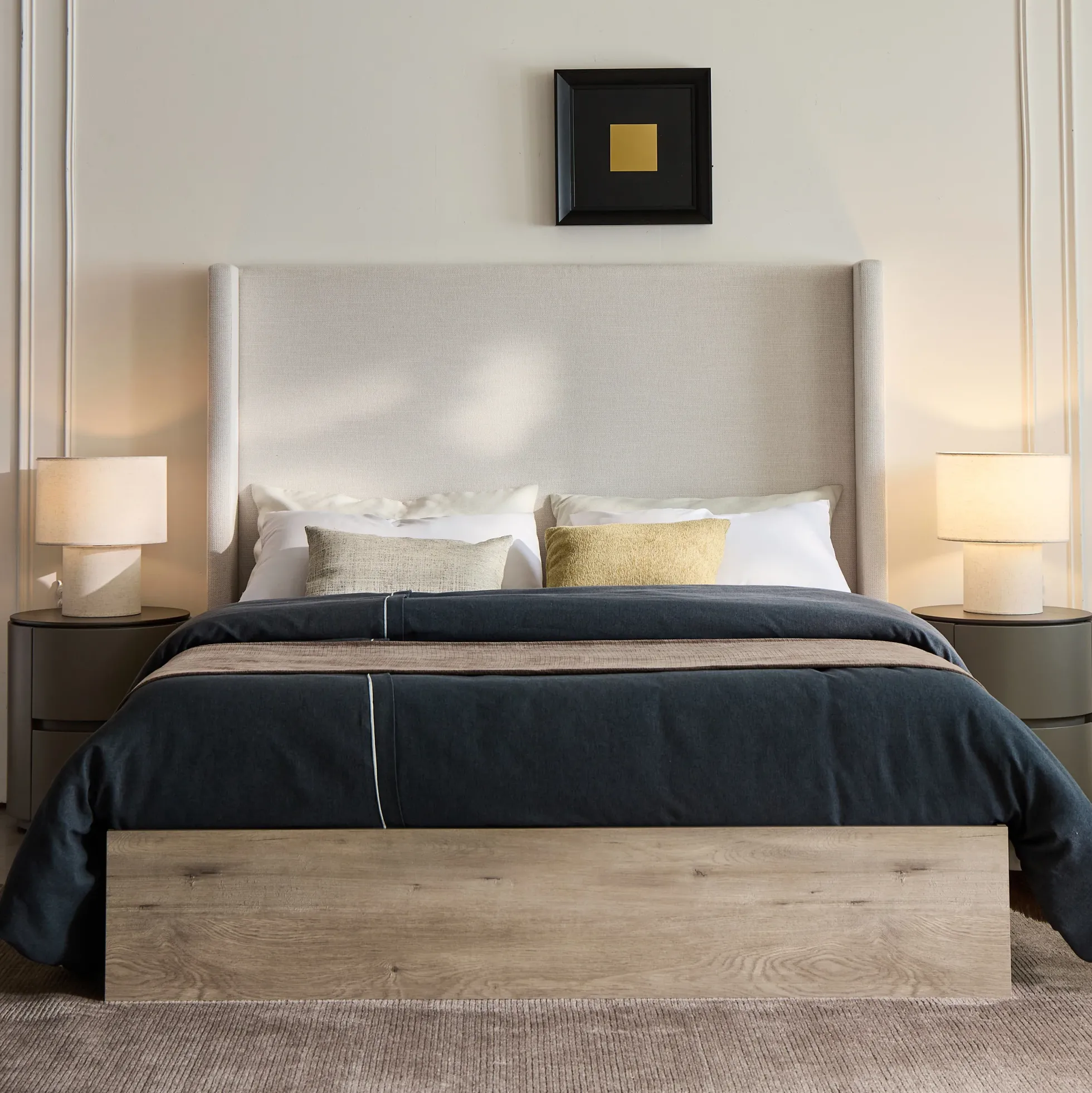 Walker Edison | Shelton 54' Queen Upholstered Wingback Bed and Wood Base