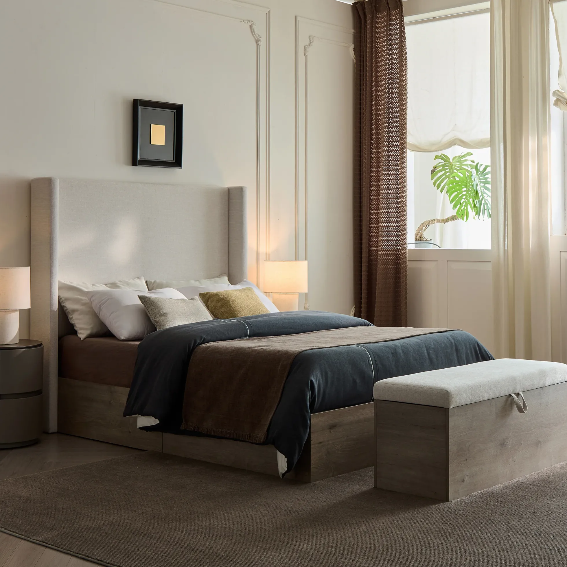 Walker Edison | Shelton 54' Queen Upholstered Wingback Bed and Wood Base