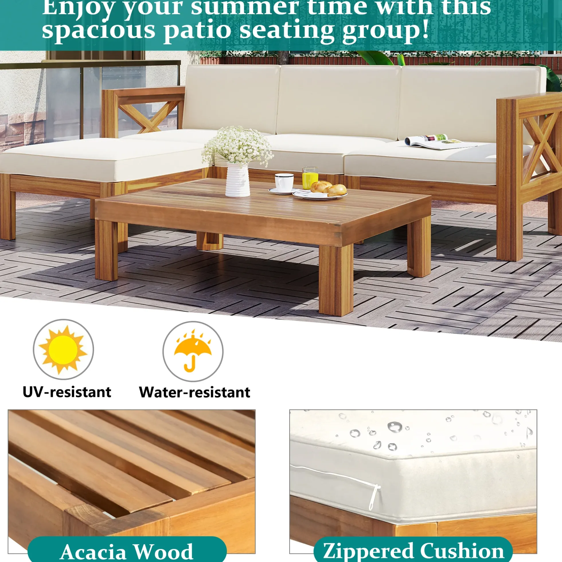 Walker Edison | Sleek Modular Wood Outdoor Patio 5-Piece Sectional Sofa Set