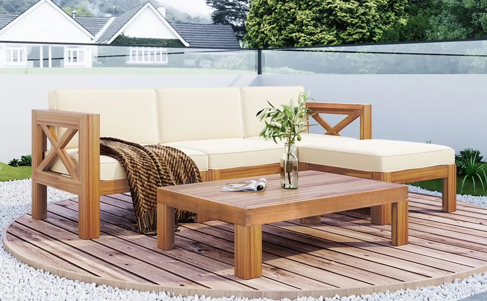 Walker Edison | Sleek Modular Wood Outdoor Patio 5-Piece Sectional Sofa Set