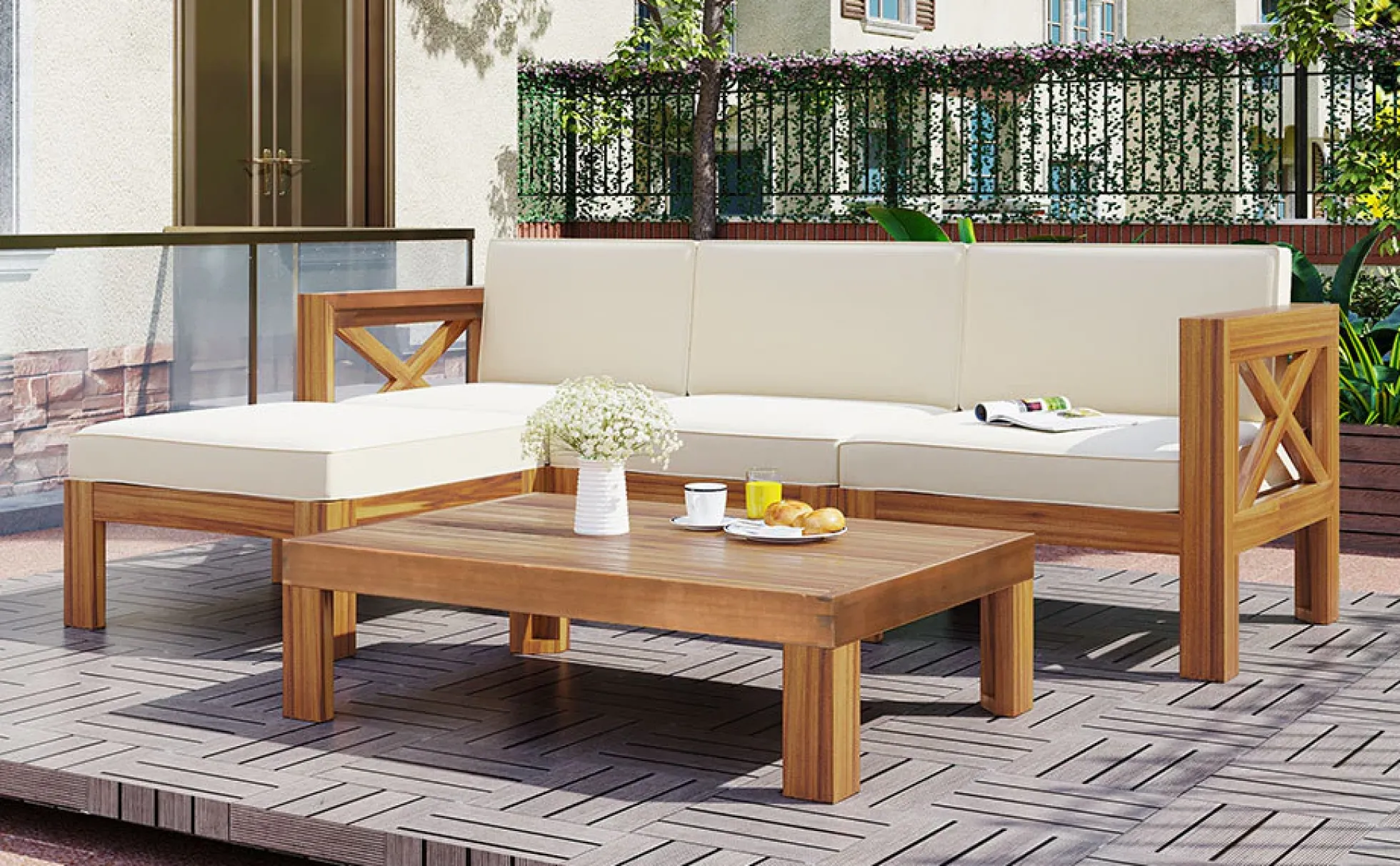 Walker Edison | Sleek Modular Wood Outdoor Patio 5-Piece Sectional Sofa Set