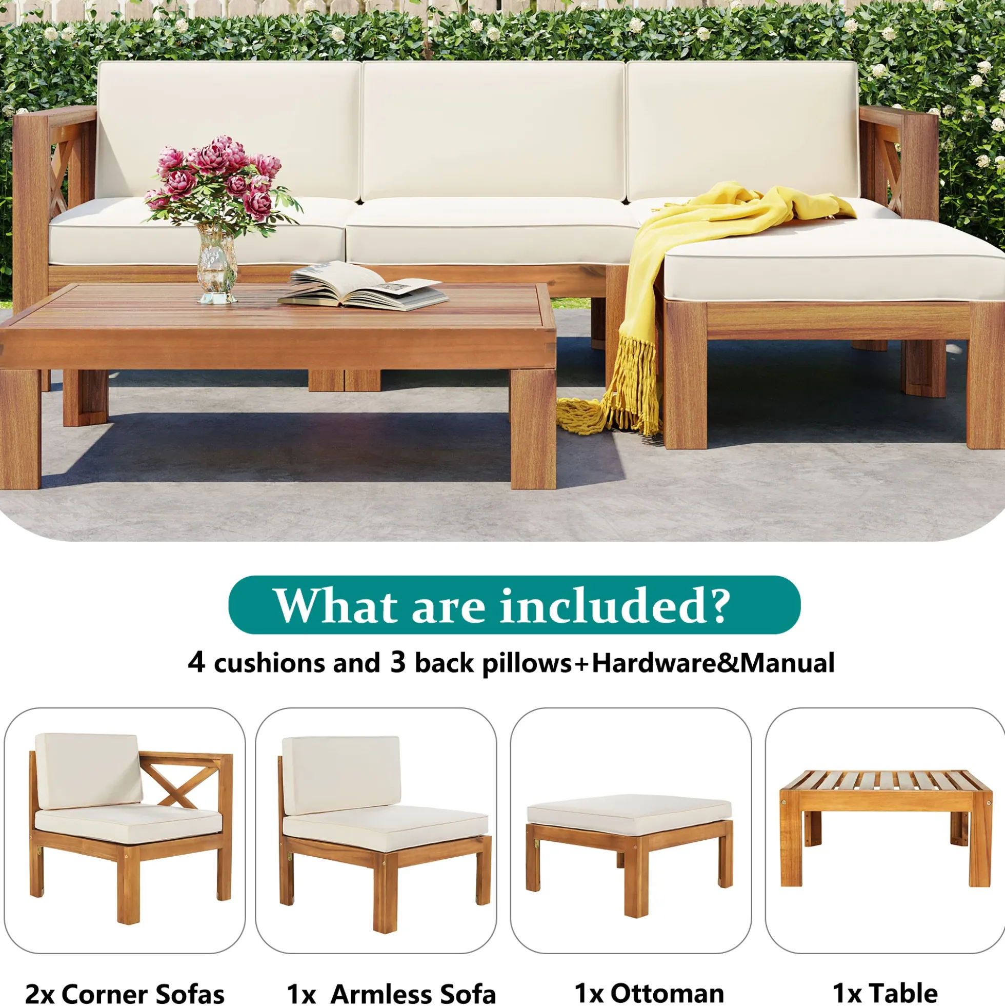 Walker Edison | Sleek Modular Wood Outdoor Patio 5-Piece Sectional Sofa Set