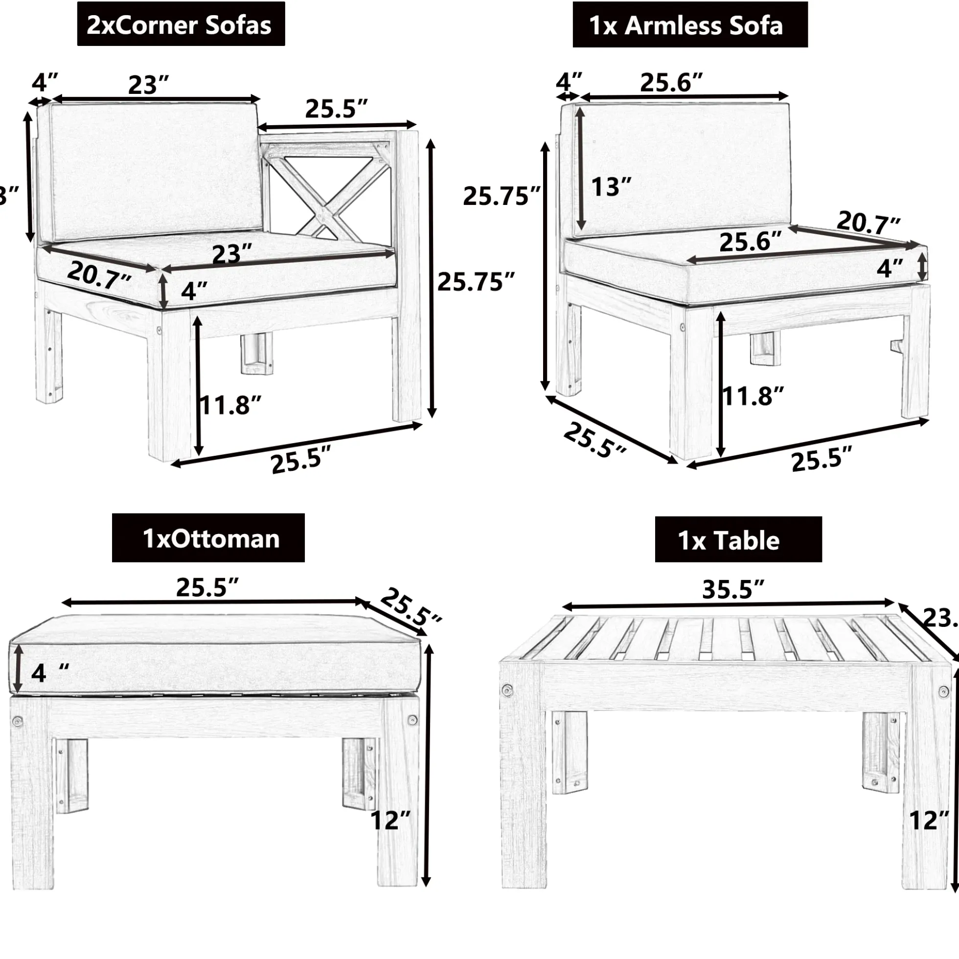 Walker Edison | Sleek Modular Wood Outdoor Patio 5-Piece Sectional Sofa Set