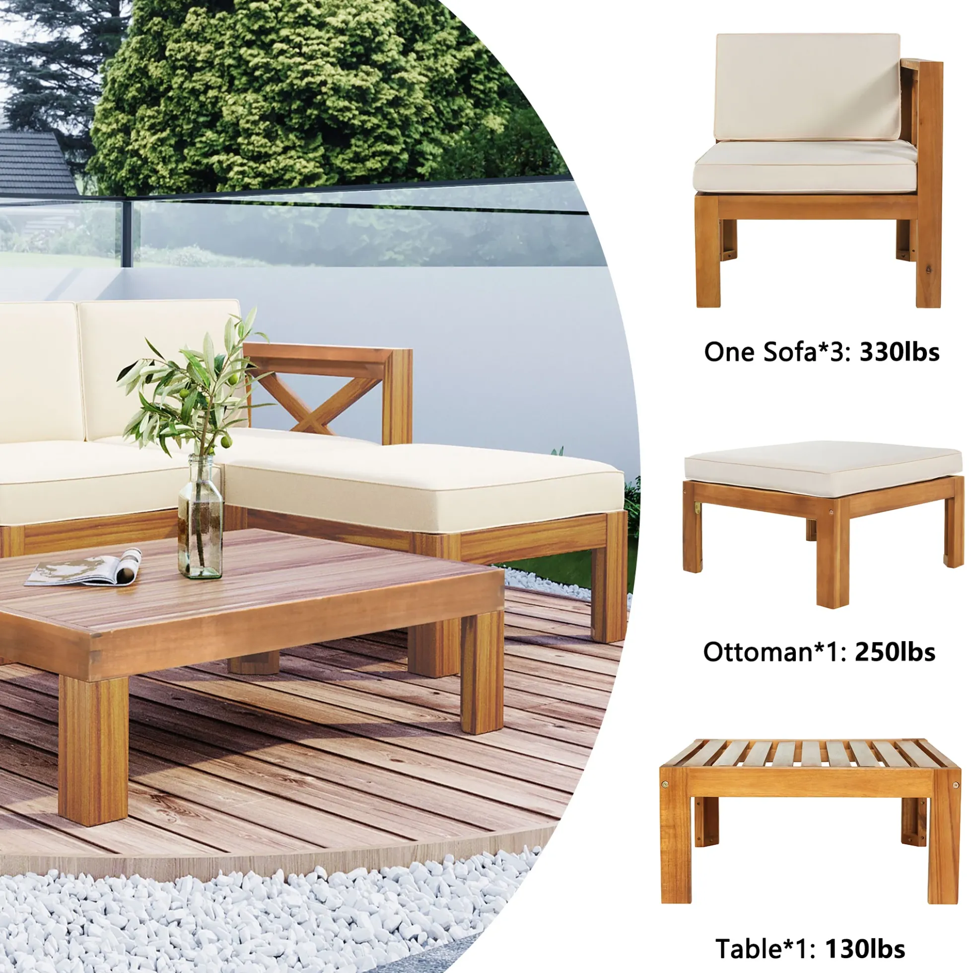 Walker Edison | Sleek Modular Wood Outdoor Patio 5-Piece Sectional Sofa Set