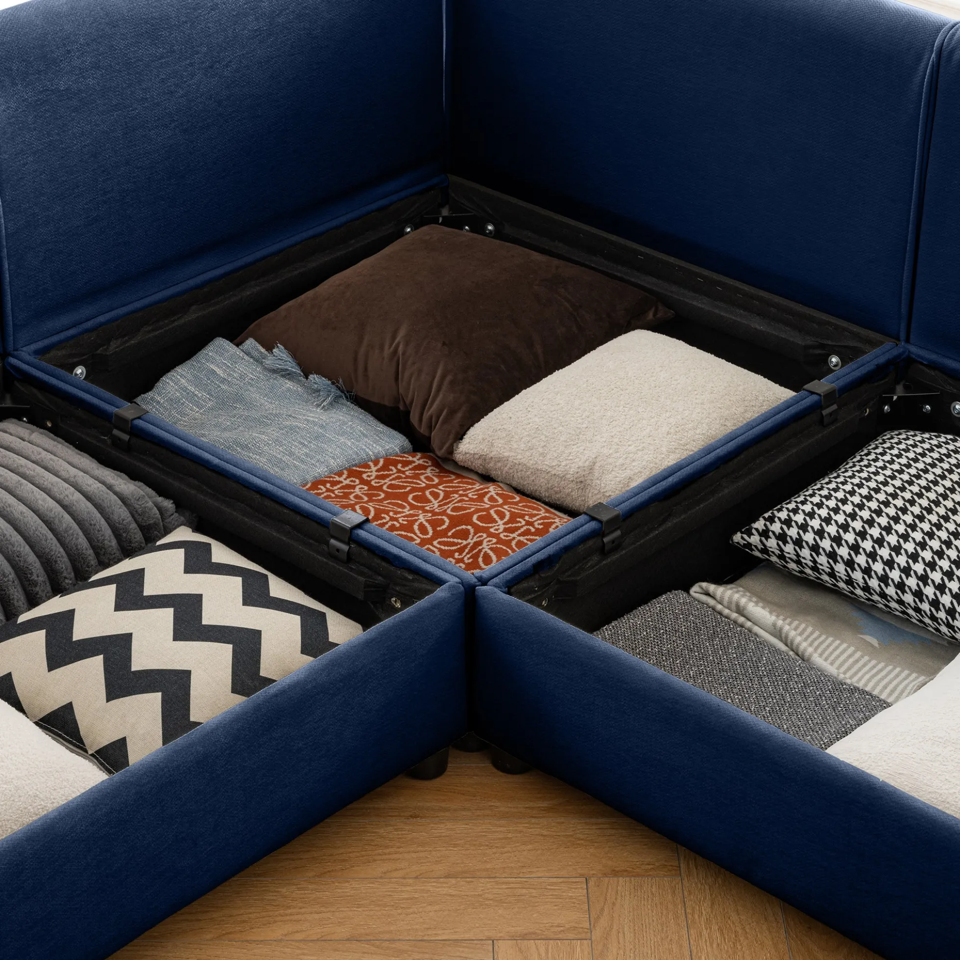 Walker Edison | Stylish Blue Chenille Loveseat Sofa with Ottoman Storage Seat