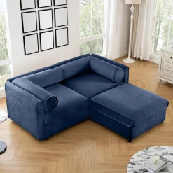 Walker Edison | Stylish Blue Chenille Loveseat Sofa with Ottoman Storage Seat