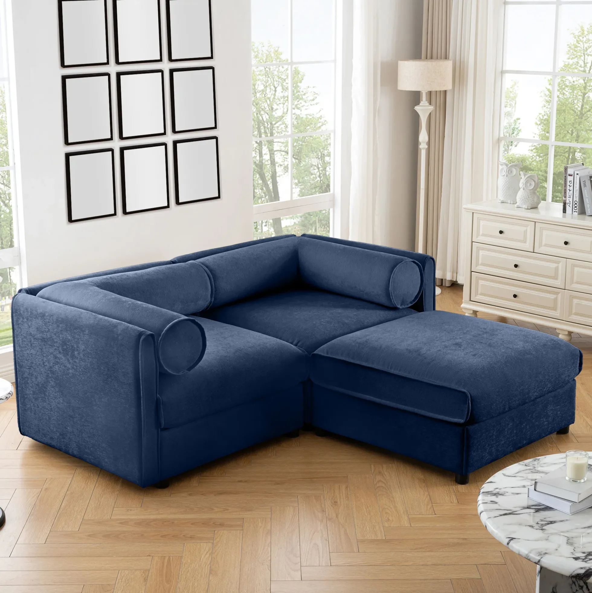 Walker Edison | Stylish Blue Chenille Loveseat Sofa with Ottoman Storage Seat