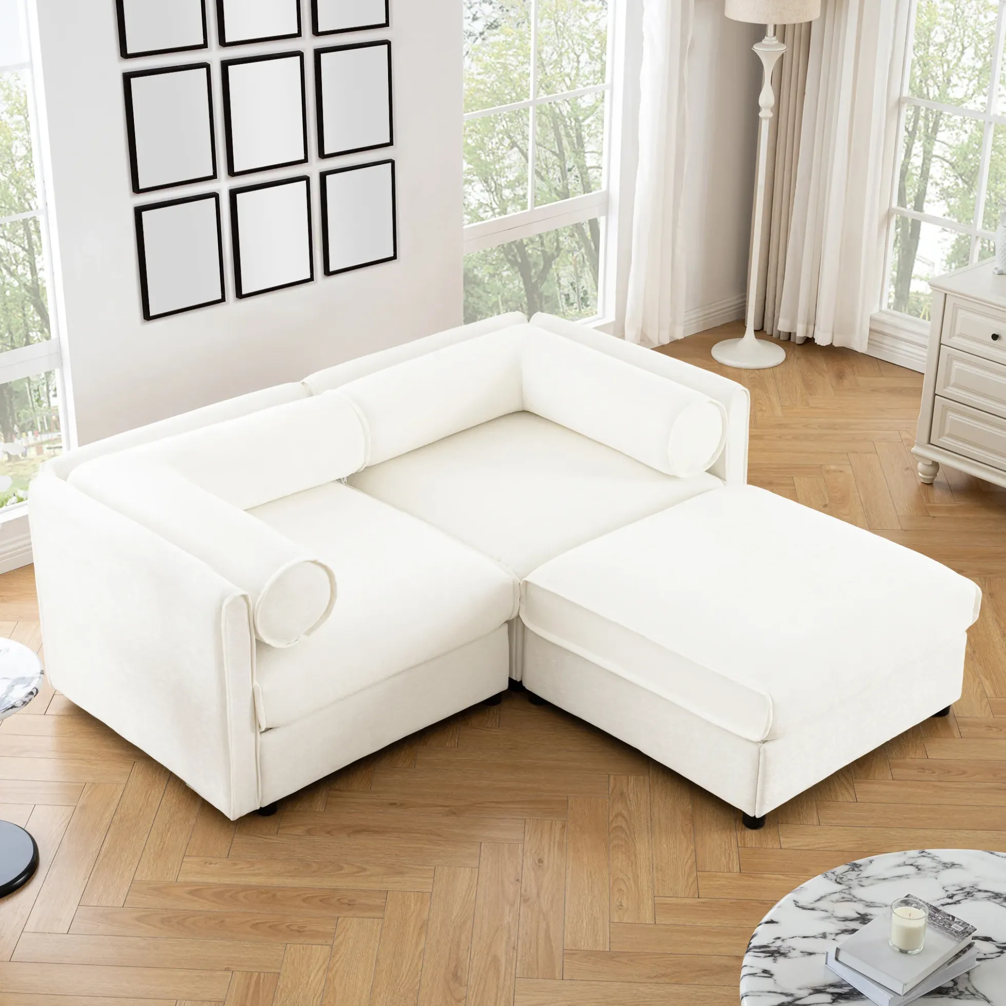 Walker Edison | Stylish Modern Chenille Loveseat Sofa with Ottoman Storage