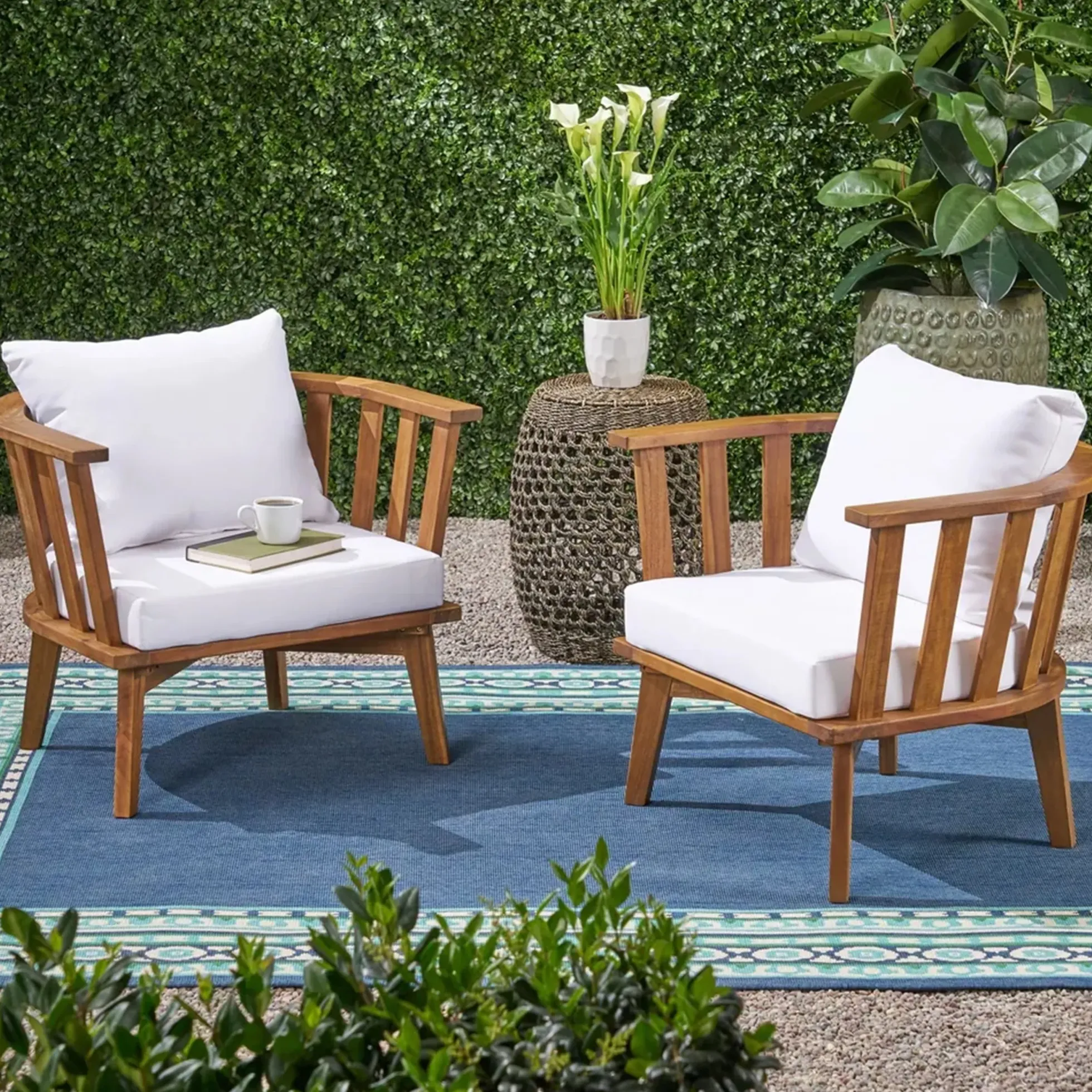 Walker Edison | Teak Acacia Wood Outdoor Patio Club Chair Set of 2