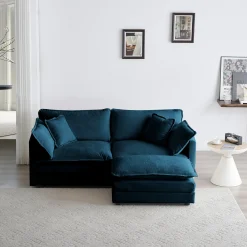 Walker Edison | Teal Cloud Chenille Two-Seater Loveseat Sofa with Ottoman