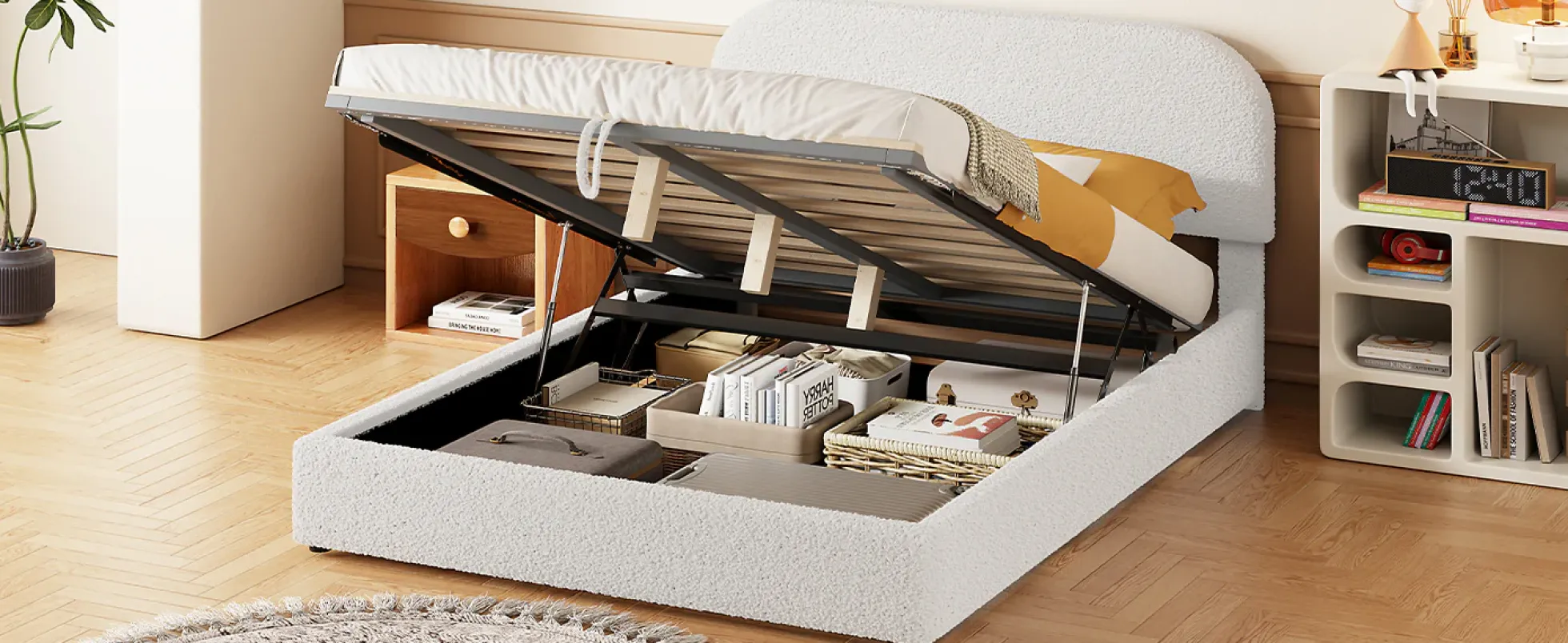 Walker Edison | Teddy Full Size Upholstered Platform Bed with Hydraulic Storage