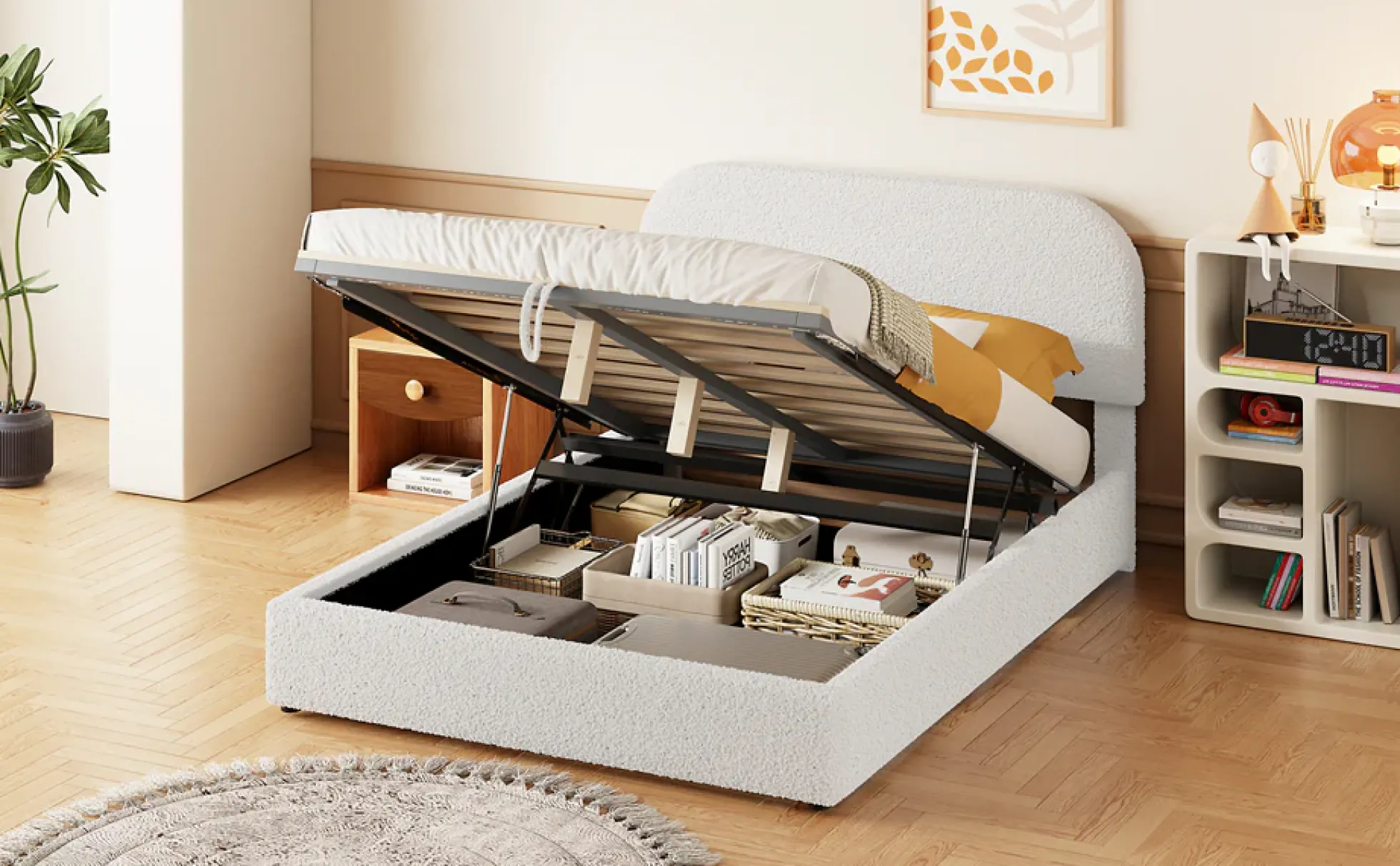 Walker Edison | Teddy Full Size Upholstered Platform Bed with Hydraulic Storage