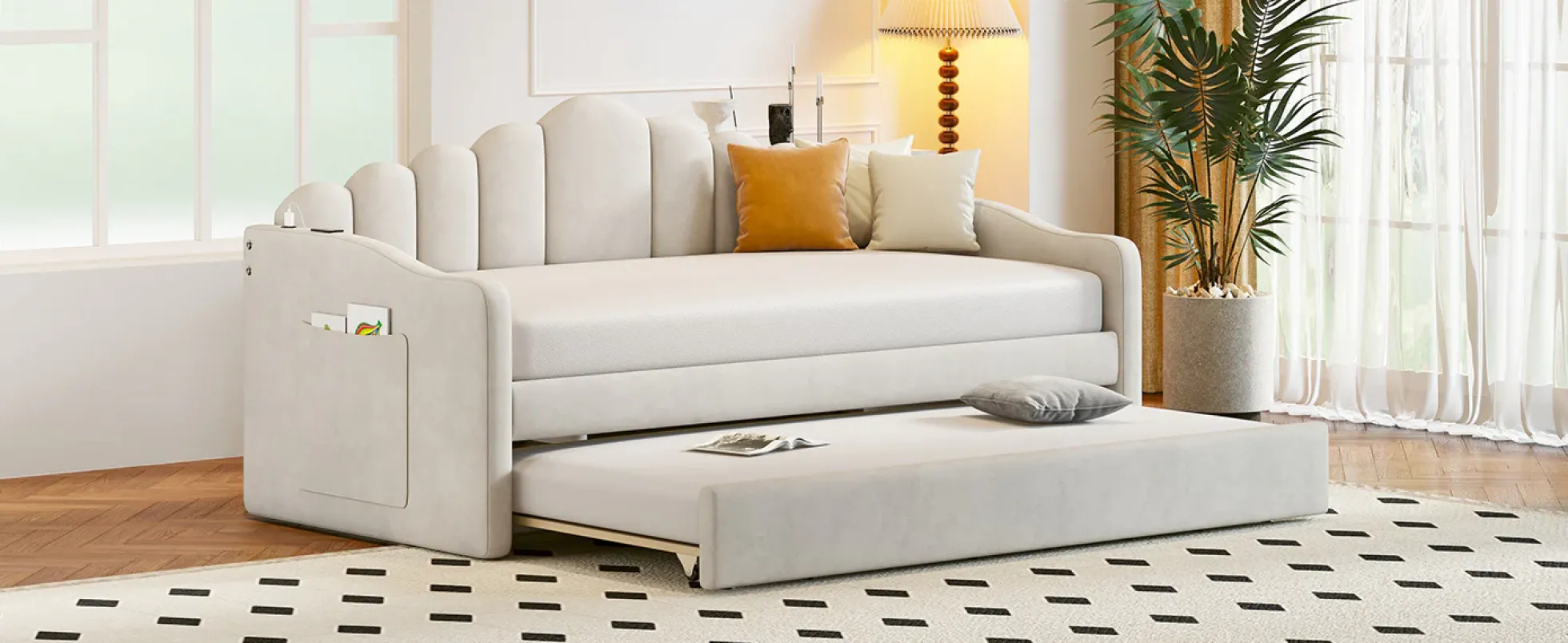 Walker Edison | Velvet Twin Size Sofa Bed with Trundle and USB Charging Ports