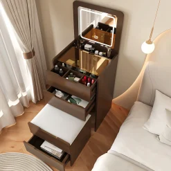 Walker Edison | Walnut 3 in 1 Vanity Desk with Flip Top Mirror & Cushioned Stool