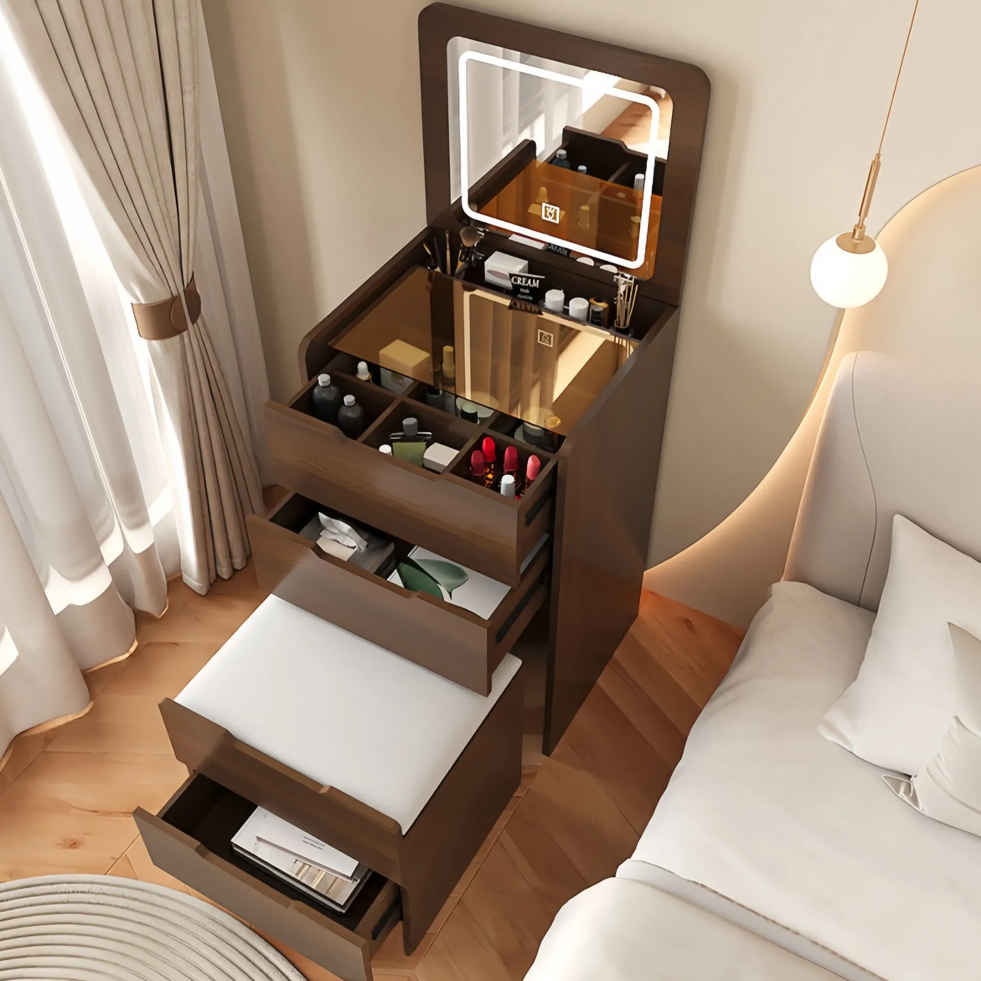 Walker Edison | Walnut 3 in 1 Vanity Desk with Flip Top Mirror & Cushioned Stool