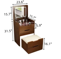 Walker Edison | Walnut 3 in 1 Vanity Desk with Flip Top Mirror & Cushioned Stool