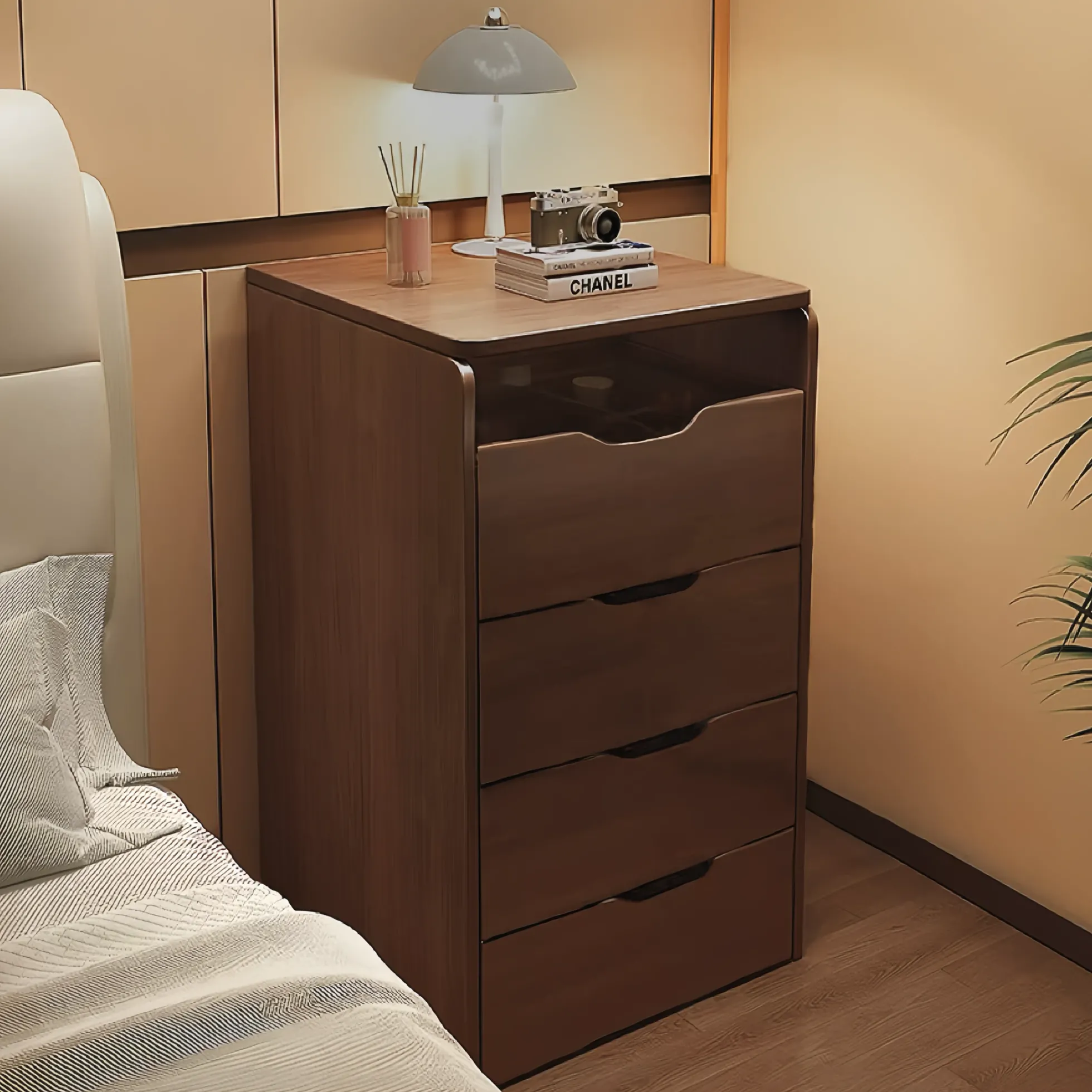Walker Edison | Walnut 3 in 1 Vanity Desk with Flip Top Mirror & Cushioned Stool