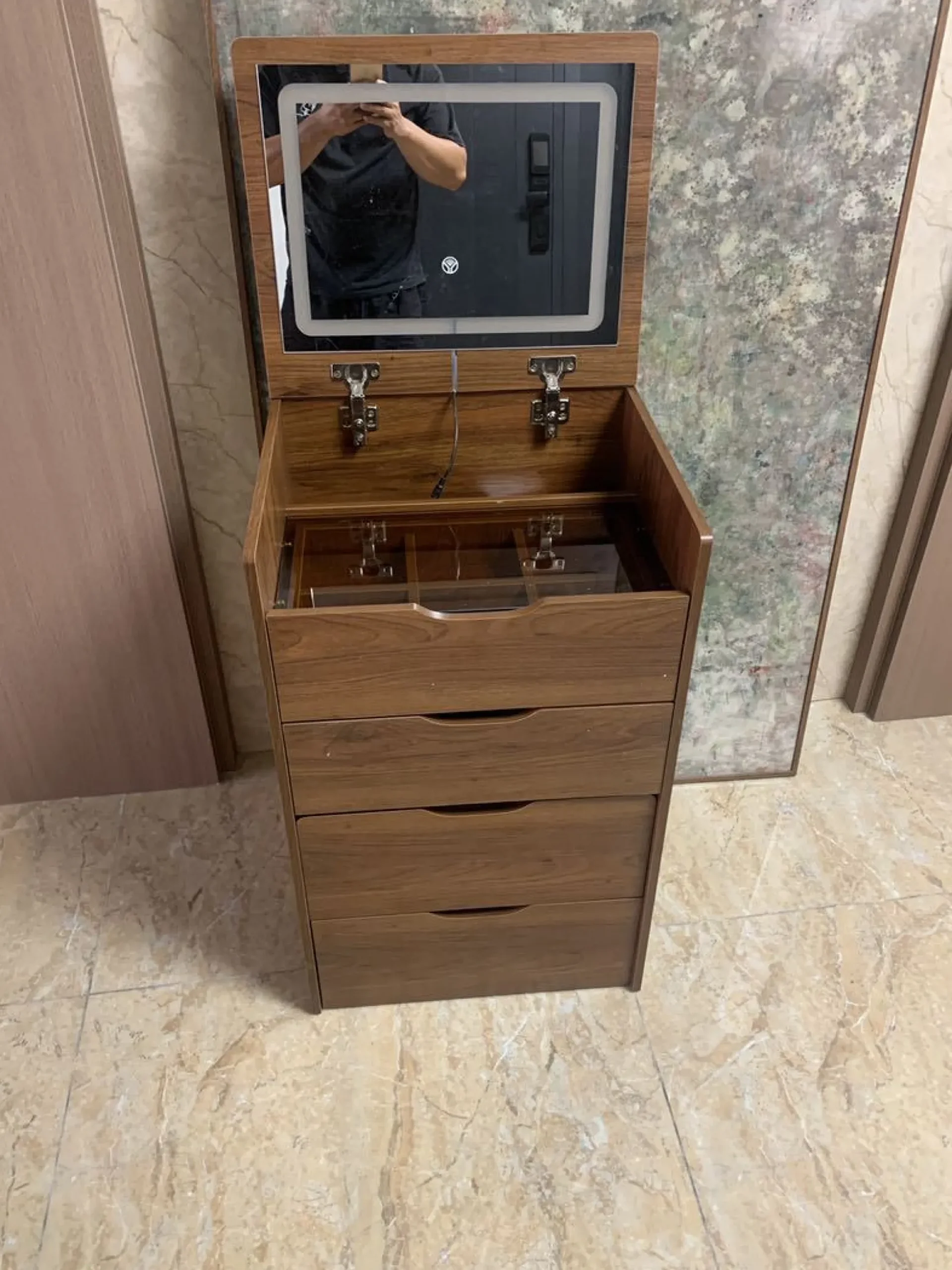 Walker Edison | Walnut 3 in 1 Vanity Desk with Flip Top Mirror & Cushioned Stool