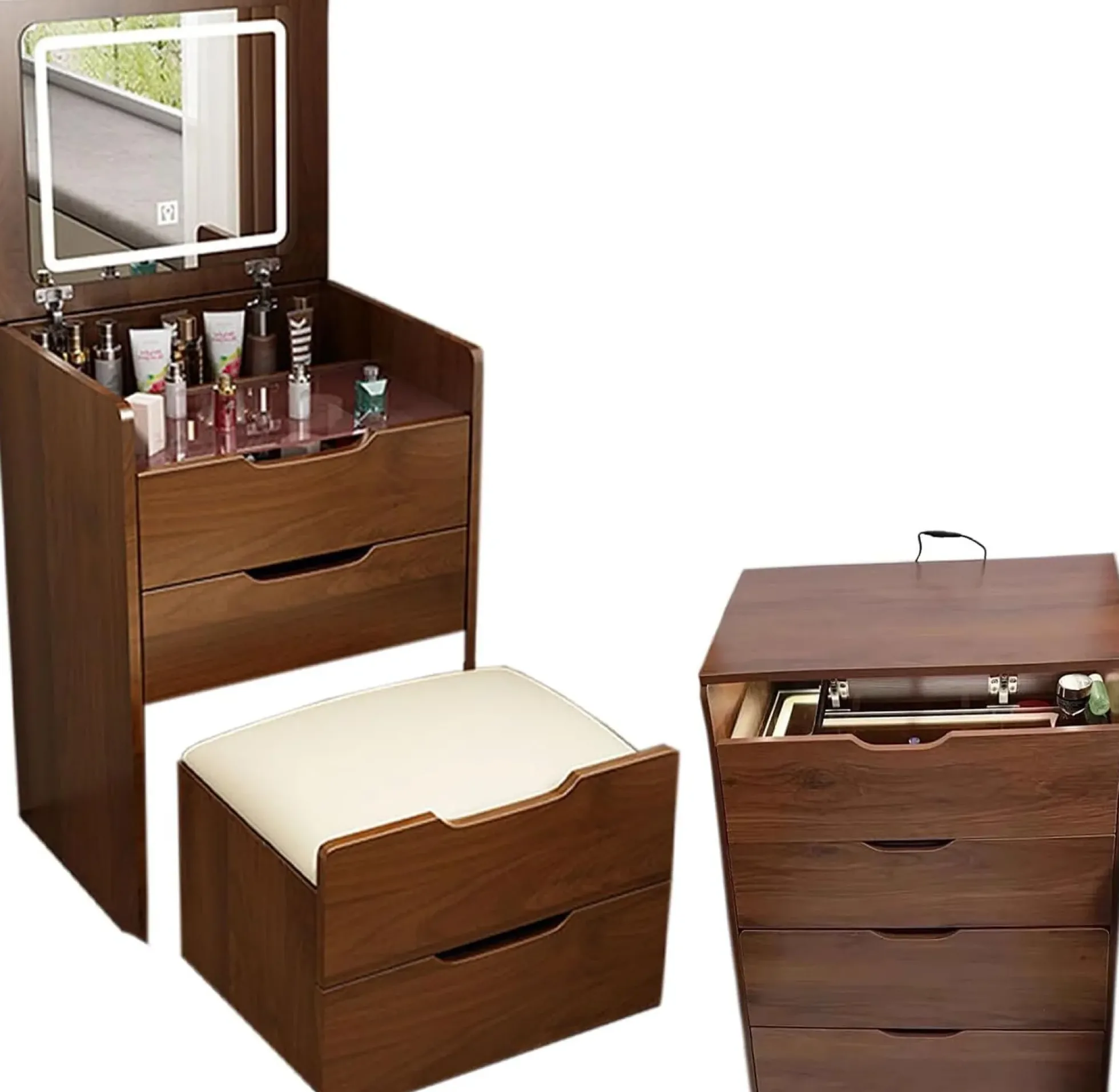 Walker Edison | Walnut 3 in 1 Vanity Desk with Flip Top Mirror & Cushioned Stool