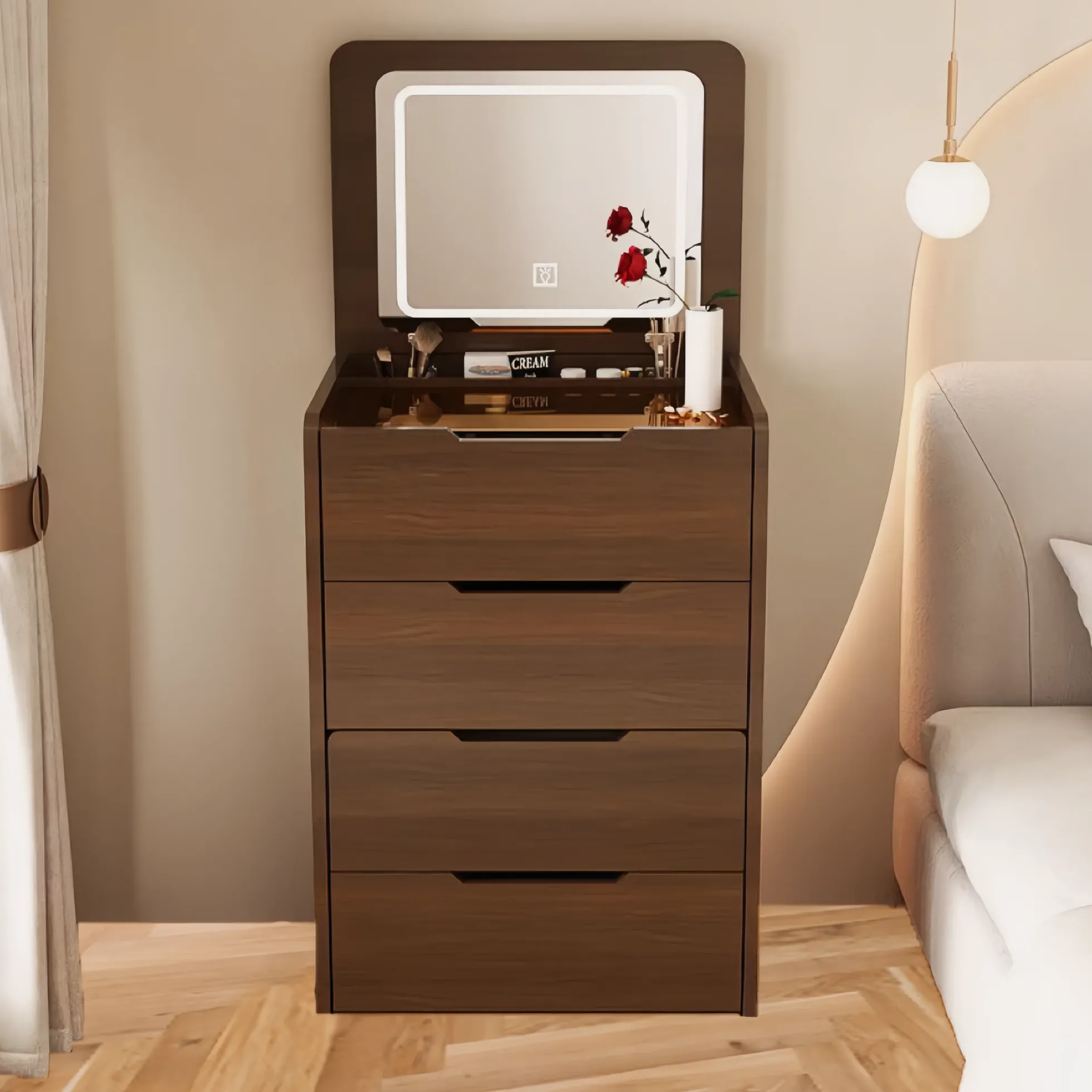 Walker Edison | Walnut 3 in 1 Vanity Desk with Flip Top Mirror & Cushioned Stool