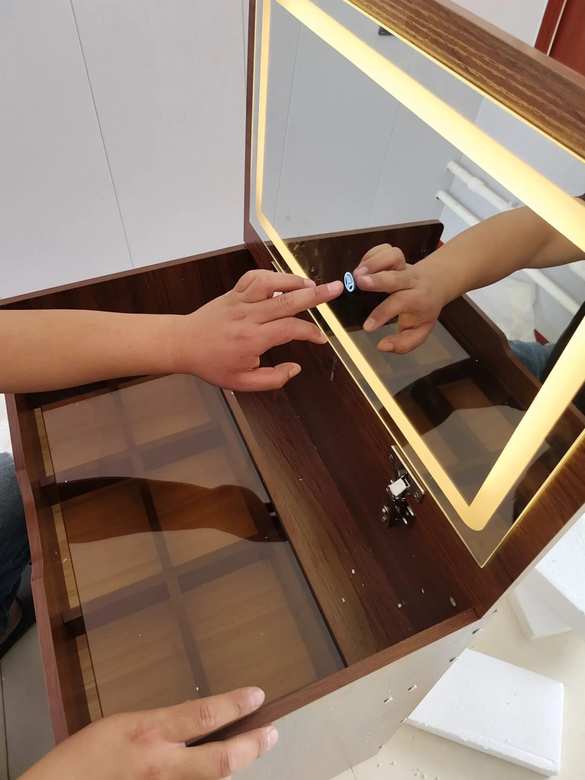 Walker Edison | Walnut 3 in 1 Vanity Desk with Flip Top Mirror & Cushioned Stool