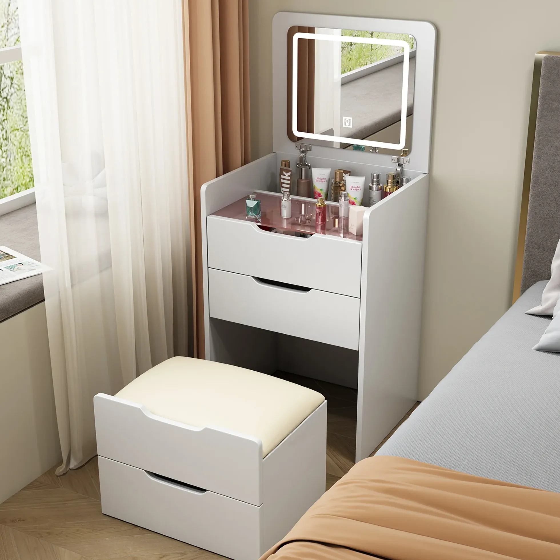 Walker Edison | White 3 in 1 Vanity Desk Set with Flip Top Mirror & Storage
