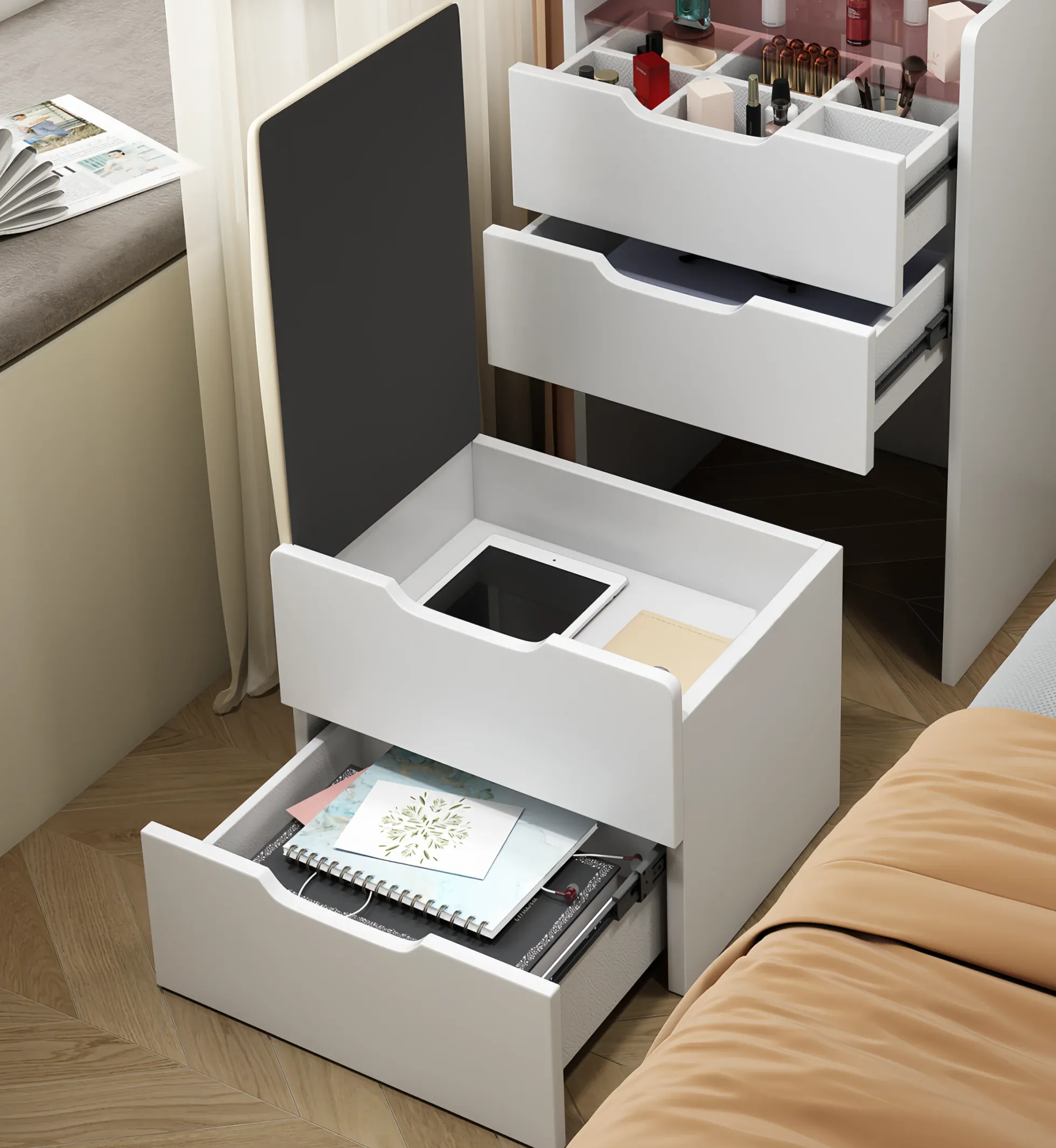 Walker Edison | White 3 in 1 Vanity Desk Set with Flip Top Mirror & Storage