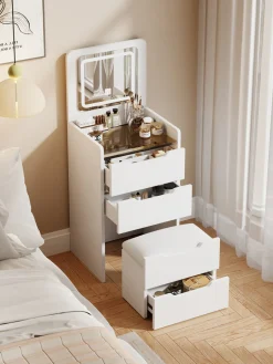 Walker Edison | White 3 in 1 Vanity Desk Set with Flip Top Mirror & Storage