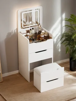Walker Edison | White 3 in 1 Vanity Desk Set with Flip Top Mirror & Storage