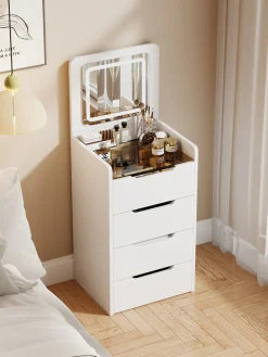 Walker Edison | White 3 in 1 Vanity Desk Set with Flip Top Mirror & Storage