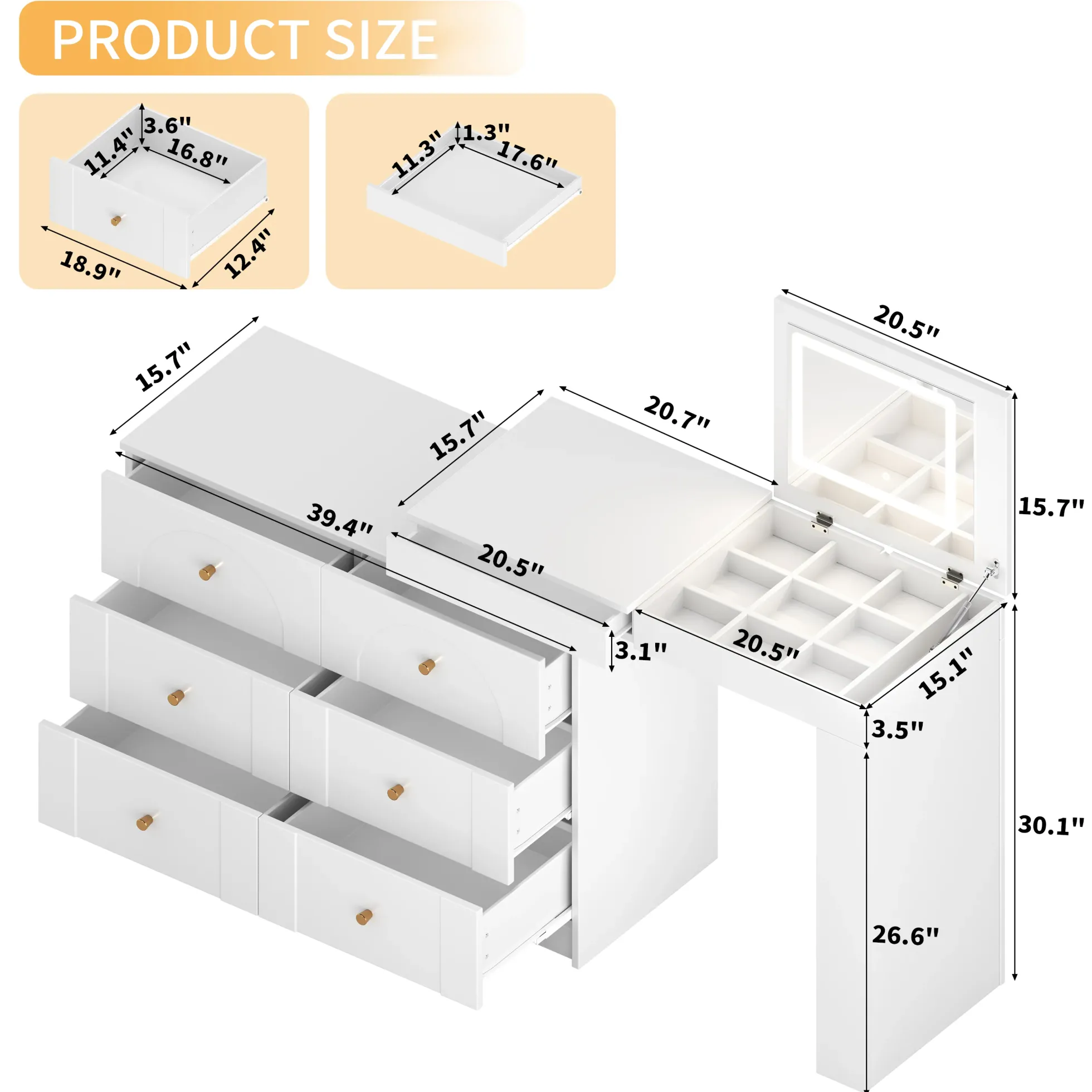 Walker Edison | White Multi-Functional Vanity Desk Dresser Set with Flip Mirror and Lights