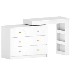 Walker Edison | White Multi-Functional Vanity Desk Dresser Set with Flip Mirror and Lights